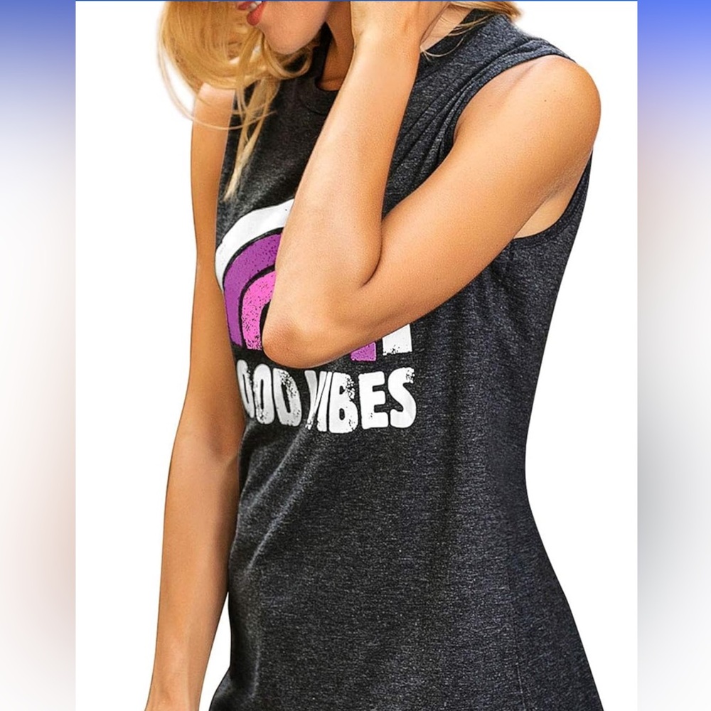 New Gray Sleeveless shirt with 'Good Vibes' Print new size medium - Picture 4 of 4